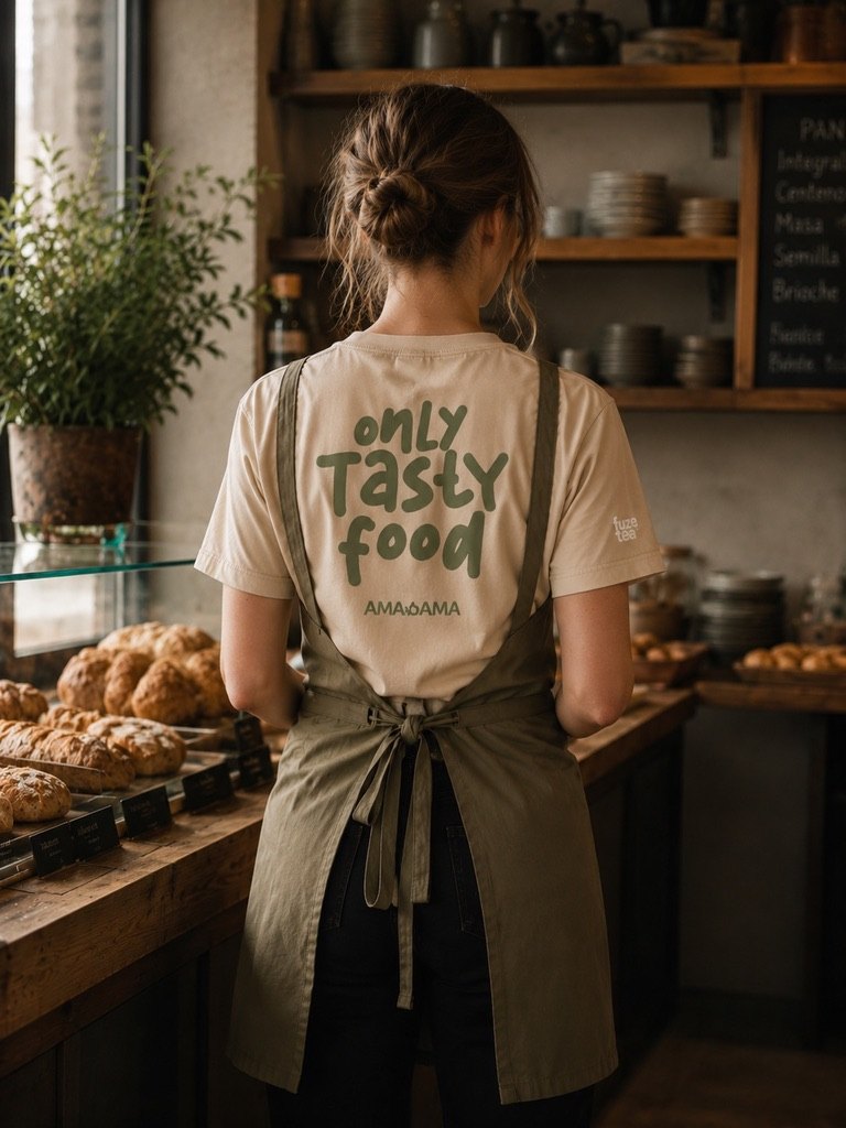 Aplicación de camiseta Only Tasty Food en contexto de panadería