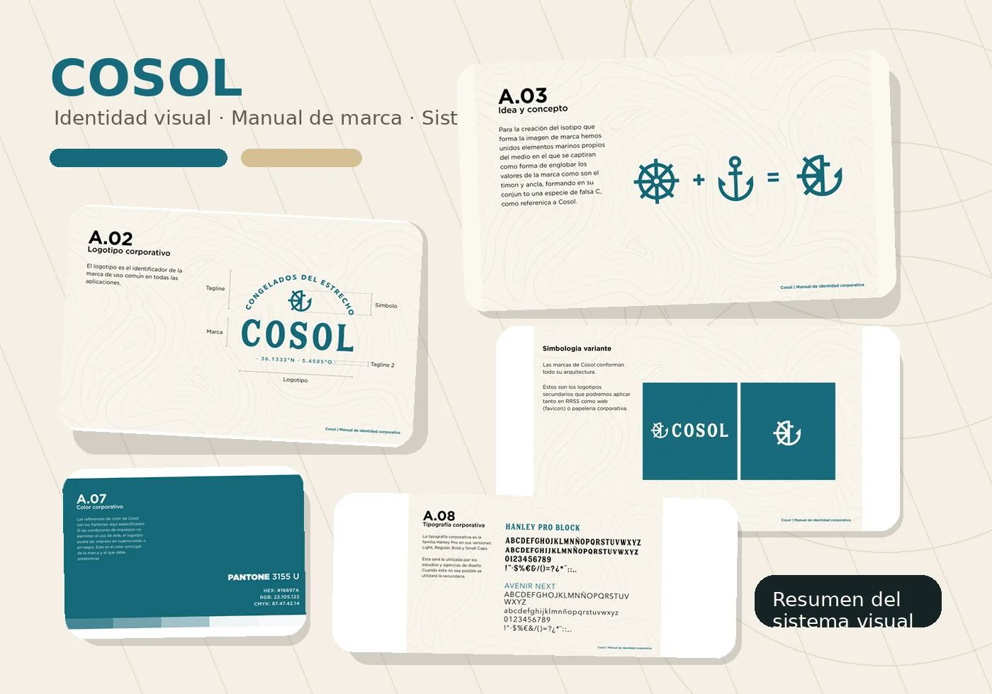 Resumen creativo del manual de marca de COSOL con logotipo, concepto, color y tipografía
