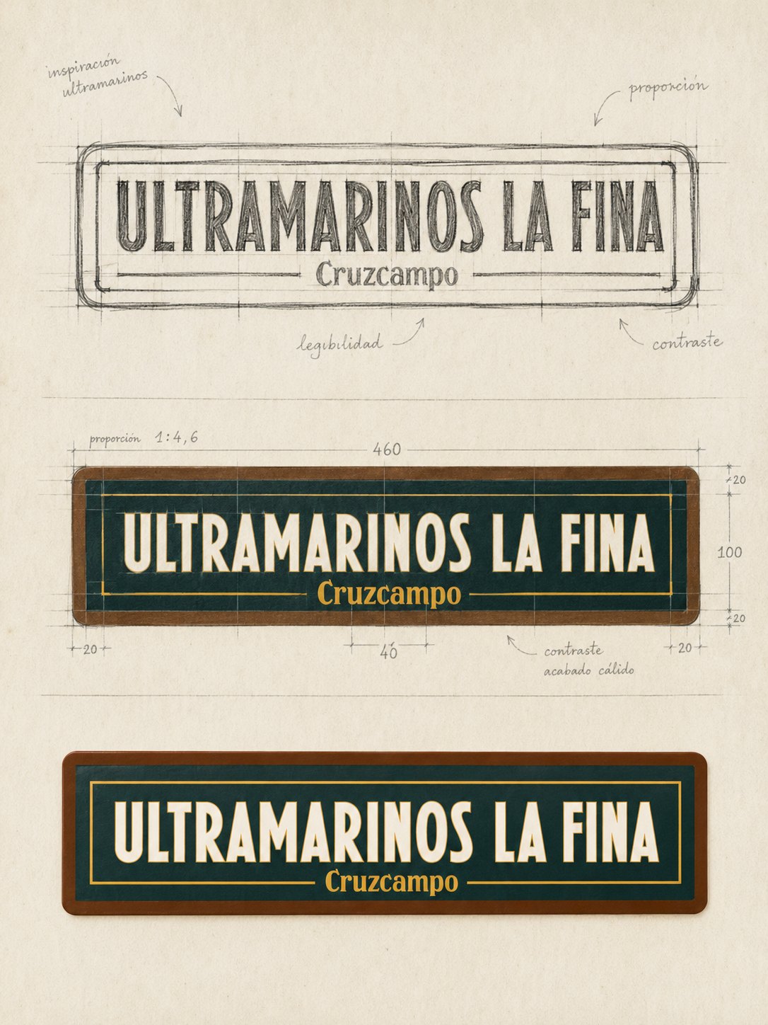 Proceso creativo del rótulo Ultramarinos La Fina Cruzcampo con boceto, proporciones y aplicación final