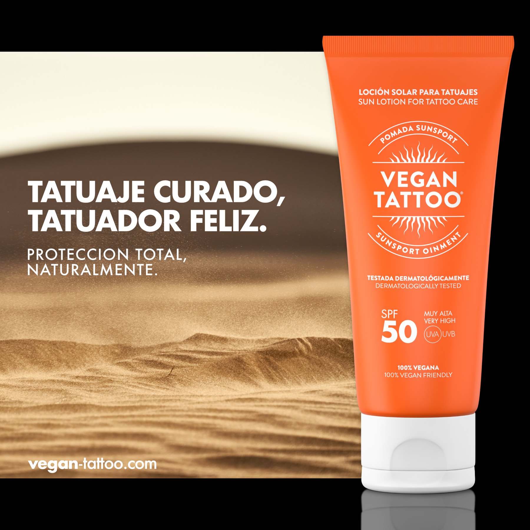Creatividad gráfica de Vegan Tattoo para loción solar de cuidado de tatuajes