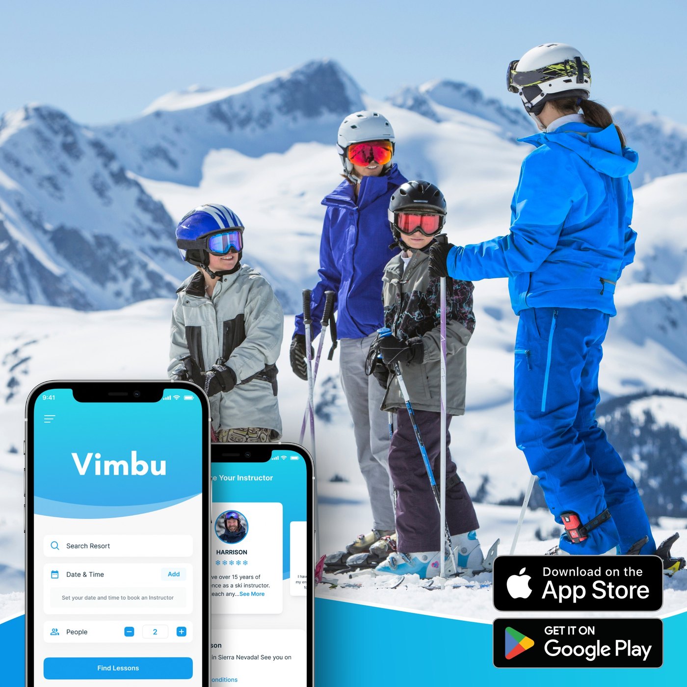 Creatividad de Vimbu con teléfonos mostrando la app y llamada a App Store y Google Play